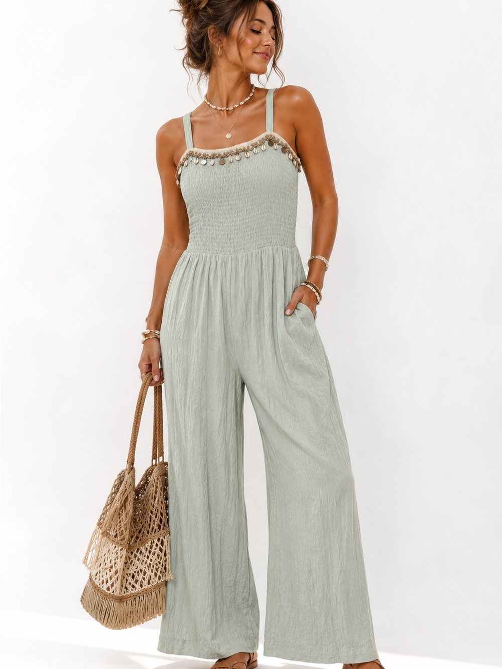 Kindred Sage Smocked Seashell Coin Trim Wide Leg Jumpsuit Small